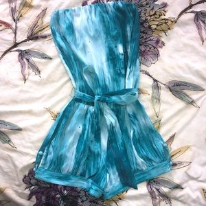 Guess Teal White Strapless Belted Romper
